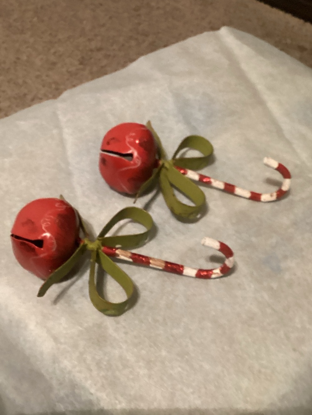 Vintage Red Jingle Bell Candy Cane Ornaments with Green Bows - Home Accents Long